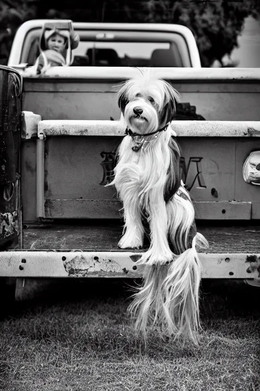 Prompt: “a Havanese dog with a ponytail and wearing cowboy boots, sitting on the back of a vintage Ford pick-up truck” 20 mm photo, Leica, F4”