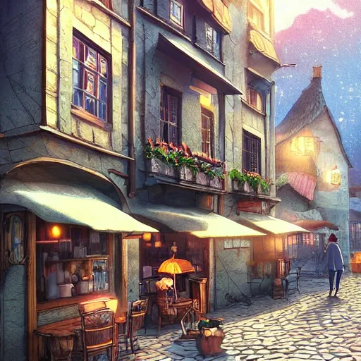 Prompt: beautiful cute cozy very little cafe on a cobblestone street, golden morning light, simple fantasy anime style of hayao miyazaki, digital art trending on artstation