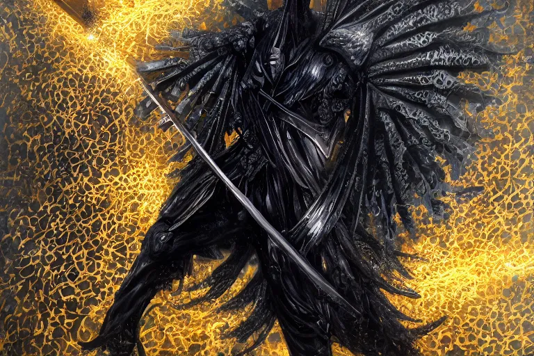 Prompt: Death itself with a scythe, dark God of artificial intelligence creating an artificial neural network with gold synapses on an anvil with his scythe, high resolution, award winning art, trending on art station, sharp image, incredibly detailed, detailed character, realistic painting, hyper-realistic painting, coherent painting, master piece by Kyozu Aroyama