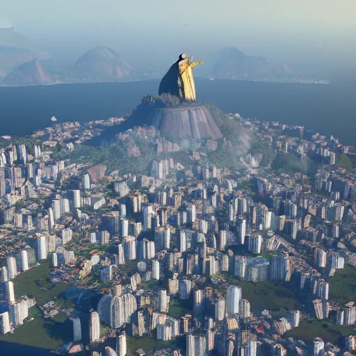 Image similar to a highly detailed picture of, the christo redentor dabbing over rio de janeiro, ultrawide lens, art by john collier and albert aublet and krenz cushart and artem demura and alphonse mucha, volumetric lighting, octane render, 4 k resolution, trending on artstation, masterpiece