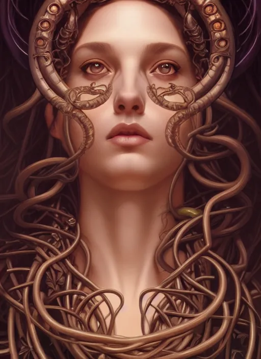 Image similar to symmetry!! portrait of medusa, greek mythology, intricate, elegant, highly detailed, digital art, digital painting, artstation, concept art, smooth, sharp focus, illustration, art by artgerm and greg rutkowski and alphonse mucha, 8 k