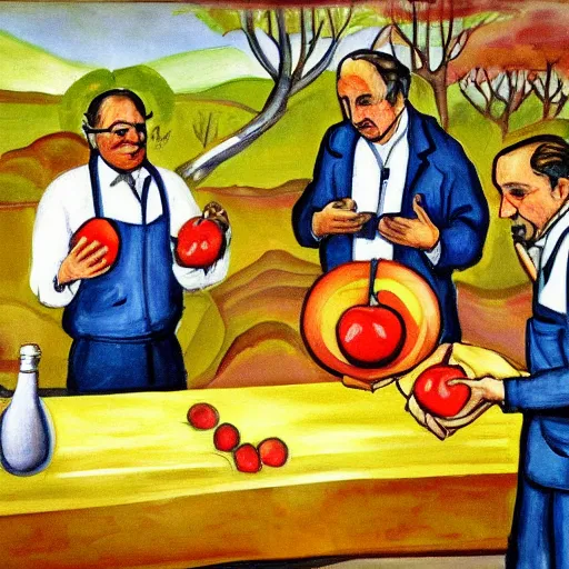 Prompt: painting of scientists comparing different kinds of fruit,