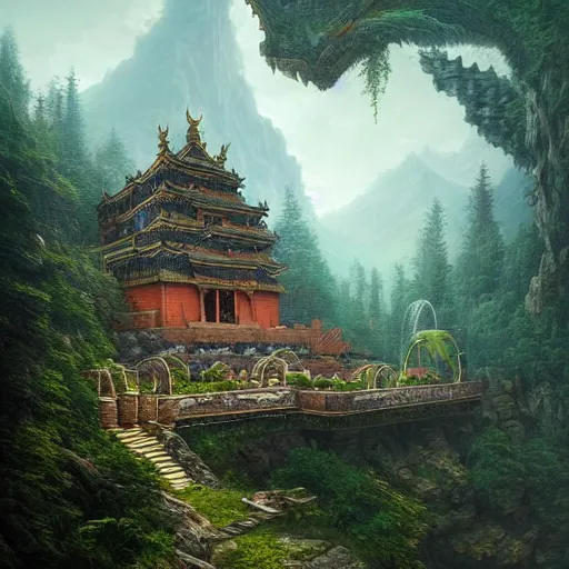 Prompt: A beautiful hyper realistic detailed matte painting of a dragon shaped temple nestled in forest mountains by John Howe and Albert Bierstadt and Alena Aenami and dan mumford and dave noton, unreal engine, trending on behance