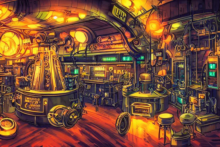 Image similar to wide angle on mad steampunk laboratory filled with alchemy equipment, pespective giant neon screens, sci - fi vending machine, art by ghibli studio, art deco, dynamic light, volumetric light, neon lights, cinematic mood