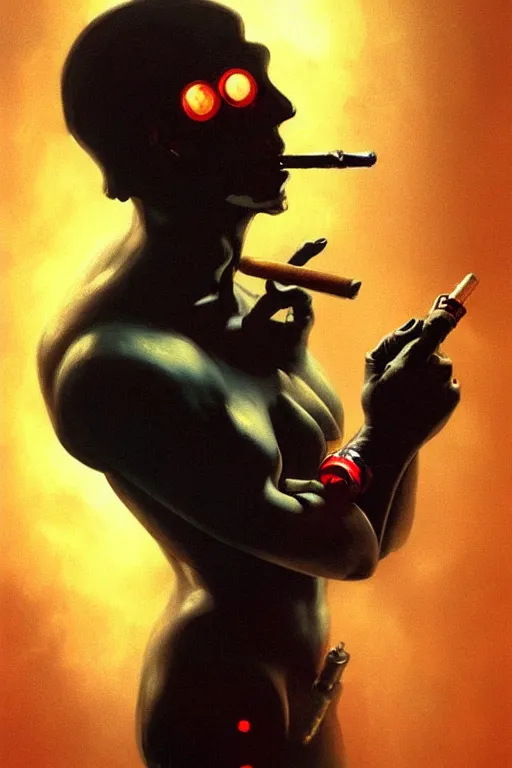 Prompt: An android smoking a cigar in a cyberpunk setting, by Frank Frazetta, dramatic lighting, 1980s colours, as trending on Artstation, highly detailed,