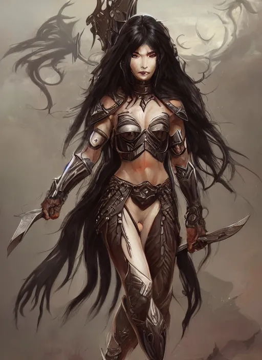 Image similar to beautiful warrior lady, black long hair, practical armor, brown skin, demonic eyes, low fantasy, extremely detailed, sharp focus, smooth, digital illustration, by rossdraws, frank franzzeta, sakimichan