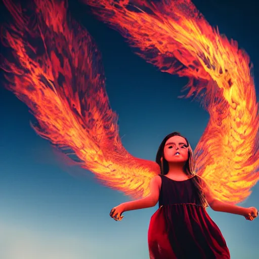 Image similar to realistic cinematic photo of phoenix girl in flames flying in the sky