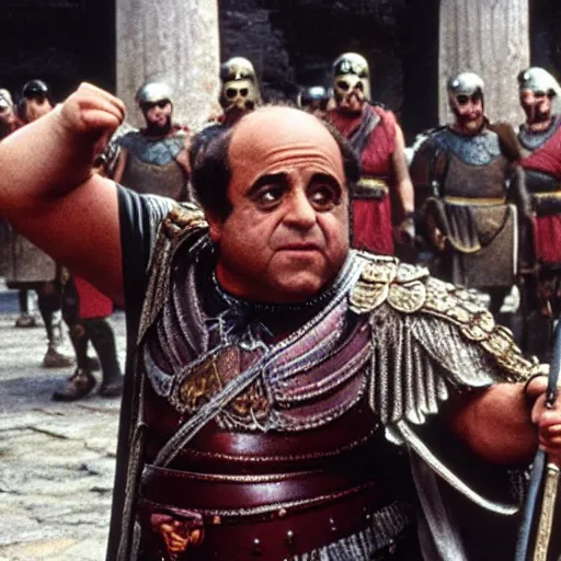 Image similar to danny devito as a roman praetorian in the streets of ancient rome, color film still