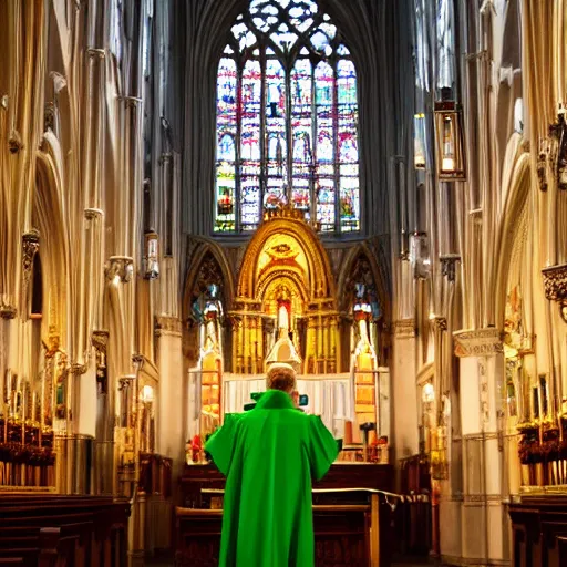 Prompt: Kermit the frog as a catholic priest leading mass in a beautiful cathedral 4k photo National Geographic