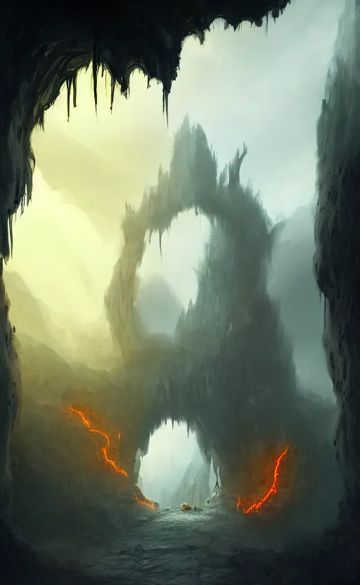 Prompt: a gate into hell, portal, doorway, in the distance of a giant cave, dynamic lighting, ambient lighting, atmospherical, photorealistic fantasy concept art, trending on art station, stunning visuals, creative, cinematic, ultra detailed