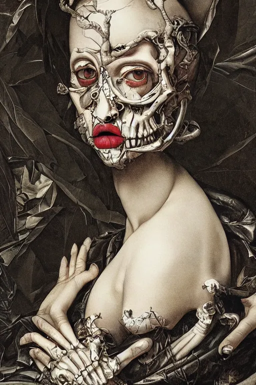 Image similar to Detailed maximalist portrait with large lips and with large wide eyes, sad expression, skeletal, HD mixed media, 3D collage, highly detailed and intricate, surrea, illustration in the style of Caravaggio, dark art, baroque