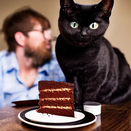 Prompt: a sinister cat sitting on a lap of a man looking at a chocolate cake on a table, photography, award - winning, hyper detailed, 4 k, smooth, sharp focus, trending