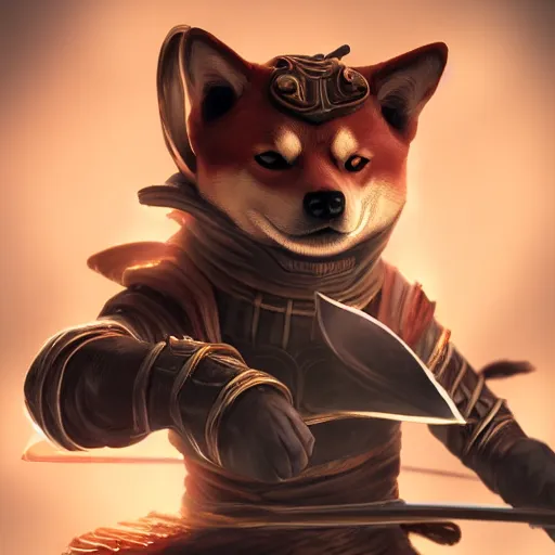 Image similar to shiba inu samurai warrior as a league of legends character, michael maurino, alex flores, paul kwon, cinematic, highly detailed, concept art, 3 d cgi, dramatic lighting, focus, smooth, heroic, hyper realistic background