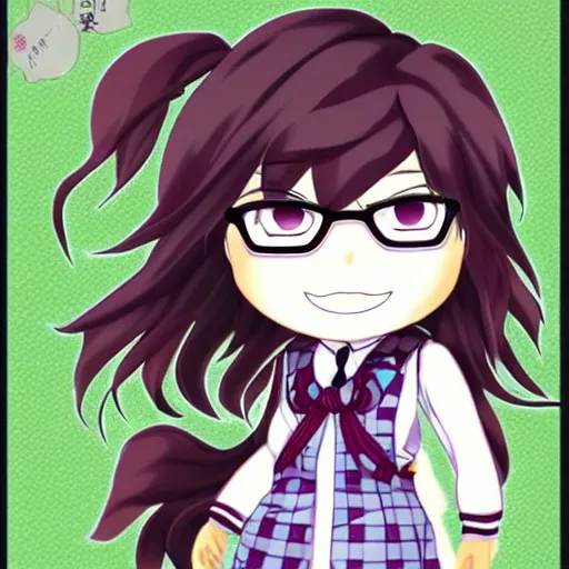 Prompt: an extremely adorable chibi of toko fukawa from danganronpa, a japanese girl with two plaits in her dark purple hair and side bangs and glasses, character art, adorable, author, toko fukawa, chibi