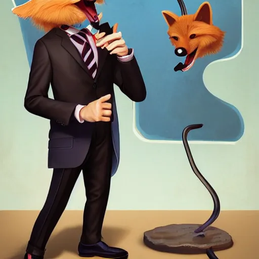 Image similar to a cute male anthropomorphic vulpes vulpes fulva teacher wearing suit working at a school, pixar style, by tristan eaton stanley artgerm and tom bagshaw.