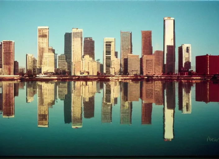 Prompt: retro color photo of a city skyline in the 8 0's. reflections in the water. boats and plain. gradient sky