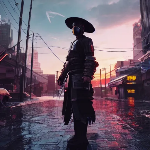 Image similar to ultra realistic studio shot of a cyberpunk samurai with straw hat on a dusk city, cinematic, wet reflections, liflike, unreal engine 5, octane, smooth, rtx, ray tracing, hyper detailed, hyper realism, fantasy, trending on artstation, behance, deviantart