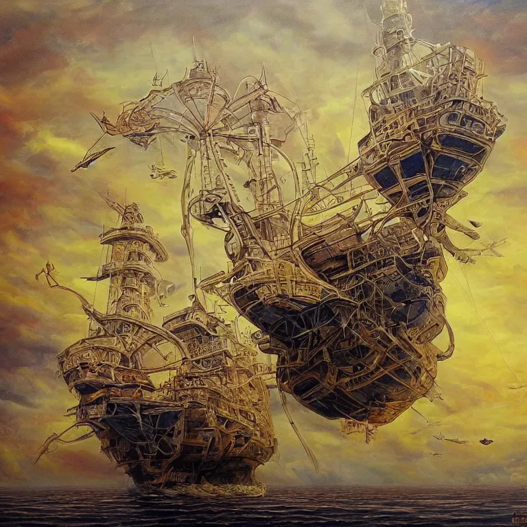 Prompt: flying ship by tomek setowski, surreal oil painting, dream like, highly detailed, symmetry, masterpiece