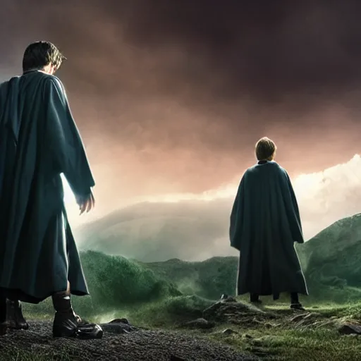 Prompt: Harry potter standing and casting a wand, back view, thunderclouds, cinematic shot, wide shot, epic scale, waving robe movement, photorealistic detail and quality, intricate ground stone, magical sigils, floating particle effects, movie still, nighttime, crescent moon, sharp and clear, action shot, intense scene, visually coherent, symmetry, rule of thirds, movement, photorealistic colors, cool colors transitioning to warm colors, award winning, directed by Steven Spielberg, Christopher Nolan, Tooth Wu, Asher Duran