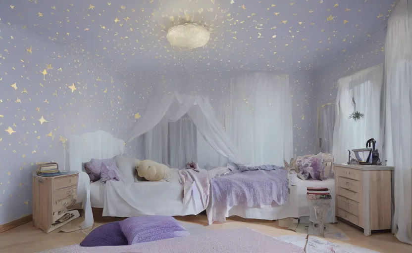 Prompt: a bedroom made of dreams and crescent moons and stars