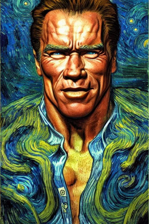 Image similar to character art the contra, bill rizer, arnold schwarzenegger, by karol bak, jean deville, gustav klimt, and vincent van gogh, trickster, enigma, destiny, inspiration, muse, otherworldly, arcane, spirals