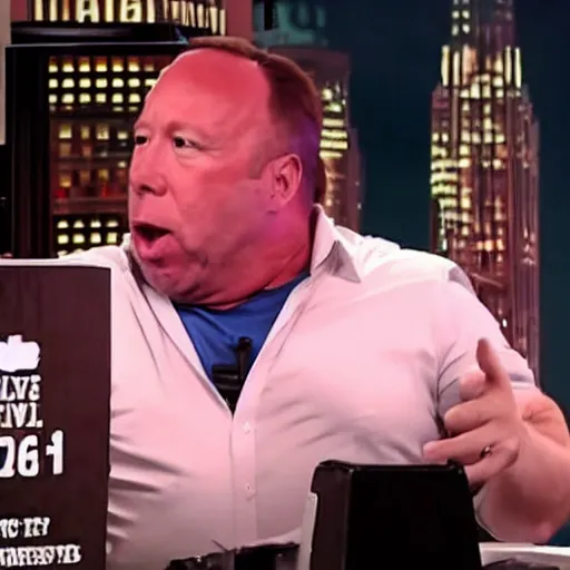 Image similar to Alex Jones transforms into an enormous pig on live television
