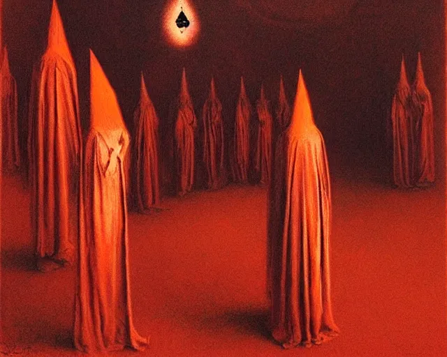 Prompt: devotion to the scarlet woman, priestess in a conical hat, coronation, ritual, sacrament, by francis bacon, beksinski, mystical redscale photography evocative, luxury, opulence.