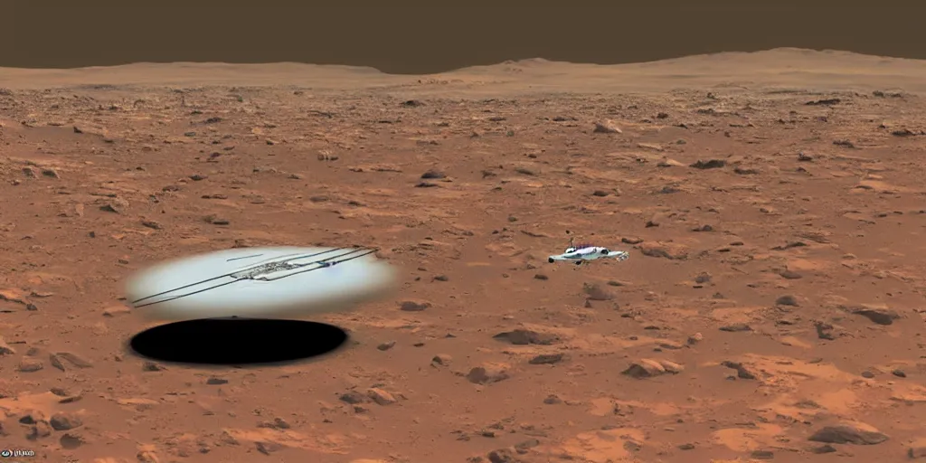 Prompt: ”uss kearsarge as flying starship above mars surface”