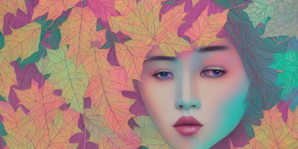 Prompt: breathtaking detailed pattern pastel colors of a woman made of autumn leaves, by hsiao - ron cheng, bizarre compositions, exquisite detail, 8 k