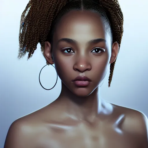 Image similar to a photorealistic hyperrealistic, bright brown eyes, light skinned african american young girl, ponytail hair, flawless face, beautiful lips, cute face, gorgeous white veil, by wlop, artgerm, greg rutwoski, alphonse mucha, beautiful dynamic dramatic low - light moody lighting, cinematic atmosphere, artstation, concept design art, octane render, 8 k