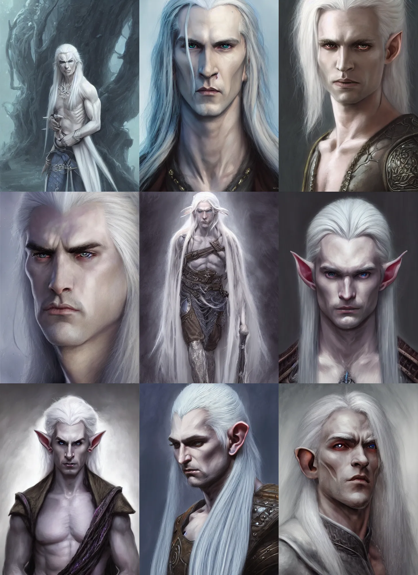 Prompt: a portrait of a male drow elf with long white hair, pale gray skin, hair tied back, buzzed hair on temple, young adult, defined cheek bones, serious, noble, style by donato giancola, wayne reynolds, jeff easley dramatic light, high detail, cinematic lighting, artstation, dungeons and dragons