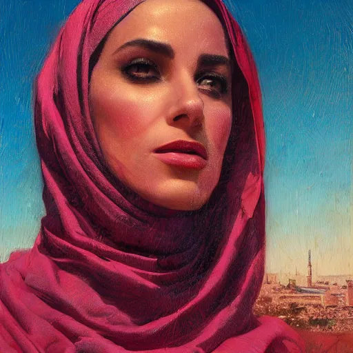 Image similar to detailed face of an arabic woman, glistening mosque, moment, tectonic sky, skydome, reactor, utopian, tech noir, wet reflections, prism, atmospheric, ambient, pj crook, syd mead, livia prima, artgerm, greg rutkowski, nick alm, casey baugh