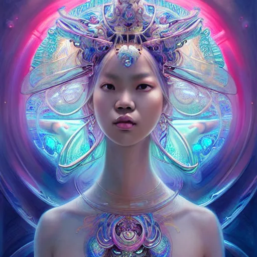 Prompt: Lalisa Manobal as a beautiful celestial pearlescent Goddess wearing a futuristic lush Greek battlesuit exposed in cryo chambers by James Jean, royal blue and pink theme, intricate, elegant, highly detailed, centered, digital painting, artstation, concept art, smooth, sharp focus, illustration, by Peter Mohrbacher, WLOP