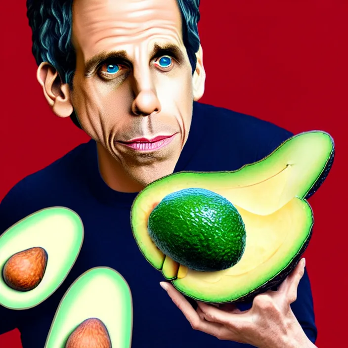 Image similar to ultra realistic illustration of ben stiller in the shape of an a ocado, centered, double exposure, in the lotus position meditating with closed eyes, balancing stack of avocado, symmetrical, beautiful painting