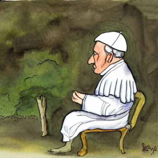 Prompt: the pope sitting on a toilet in the forest, watercolour painting