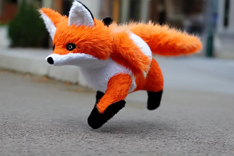 Prompt: A fabric stuffed animal toy fox plushie running along the sidewalk, dynamic, motion blur, 1/4 shutter speed, award winning photography