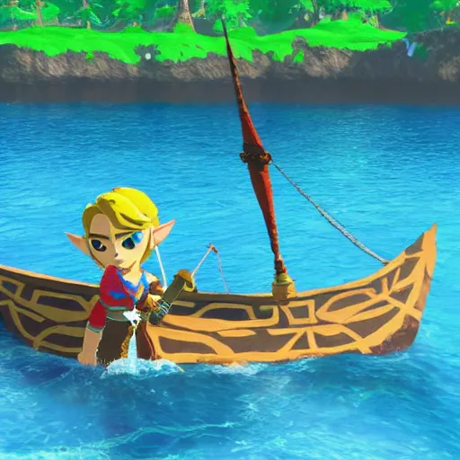 Prompt: link sailing on a boat past an island in the style of breath of the wild