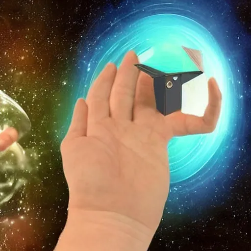 Image similar to A illustration. A rip in spacetime. Did this device in his hand open a portal to another dimension or reality?! Imgur by Wendy Froud ornamented