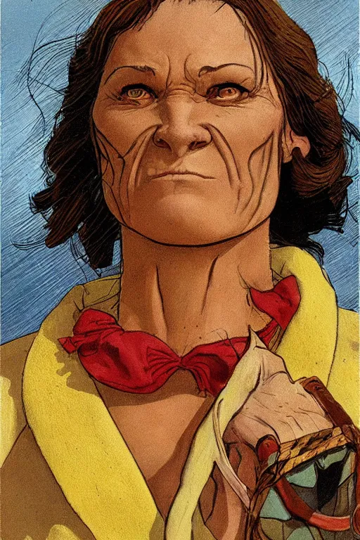 Image similar to maria. Smug old west circus wrestler. concept art by James Gurney and Mœbius.