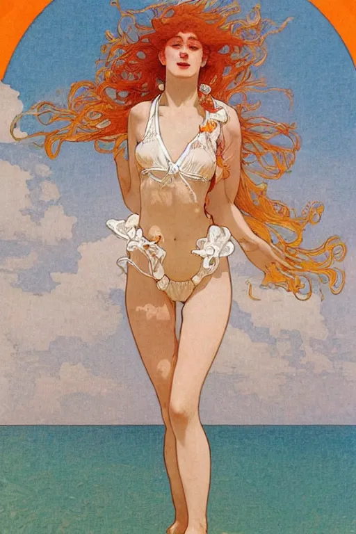 Prompt: A girl in a white lacy bikini and white sun hat and Holding a heart-shaped lifebuoy, jumping for joy,long orange hair floating on air ,Waves and splashes,beach ,Smooth visual lines,graphic Design by mucha