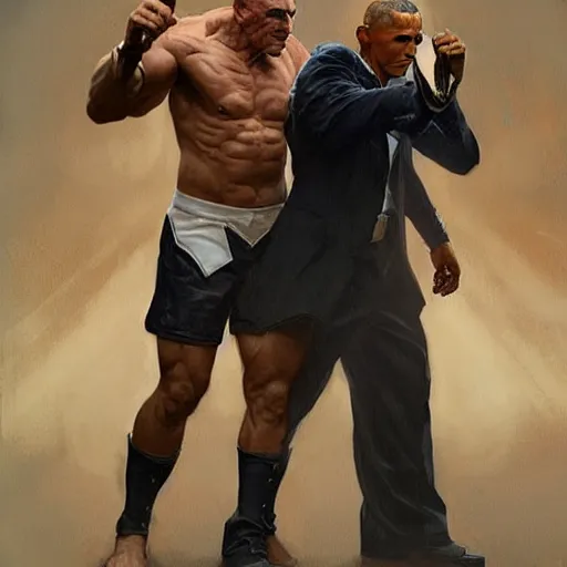 Image similar to vinnie jones and barak obama fighting in a pub, real life skin, intricate, elegant, highly detailed, artstation, concept art, smooth, sharp focus, art by artgerm and greg rutkowski and alphonse mucha