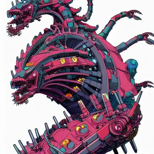 Image similar to a detailed design drawings of a colorful cyberpunk mechanical kaiju creature by tomer hanuka and by katsuhika hokusai trending on artstation