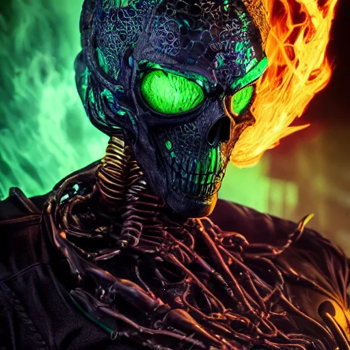 Image similar to green fiery eyes spawn - ghost rider - hybrid, supervillains, intricate artwork, concept art, eyes octane render, deviant art, cinematic, key art, hyperrealism, iridescent accents, portrait photograph, in hell, nikon 3 5 mm, photograph by greg