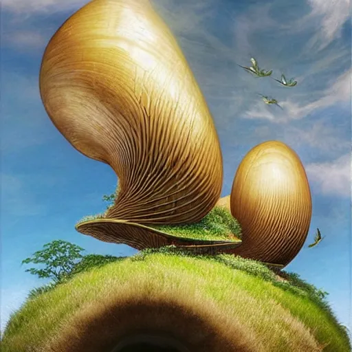 Image similar to beautiful portrait of bamboo living pods shaped like a sea shell embedded on the side of a cliff, the time machine, mechanical birds in flight, art by artgerm, artwork by peter gric and brian froud