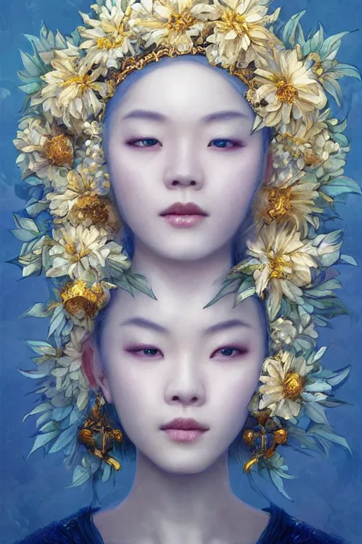 Image similar to a pale Chinese girl with white hair, floral crown, sad blue eyes, cinematic lighting, ultra detailed, highly detailed, sharp focus, golden background with flowers, golden jewellery with blue sapphires, photographic, art by artgerm and greg rutkowski and zdislav beksinski