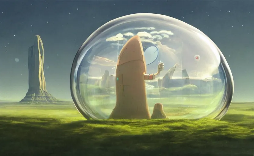 Image similar to a scary hyperrealist painting of a spaceship in a giant transparent bubble from howl's moving castle ( 2 0 0 4 ) in a flooded monument valley stonehenge jungle. depth perception, 4 k, artstation, in the style of studio ghibli