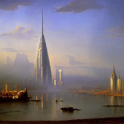 Image similar to a painting of a science fiction city filled with exotic market, tall towers inspired by tolkien, painted by bierstadt