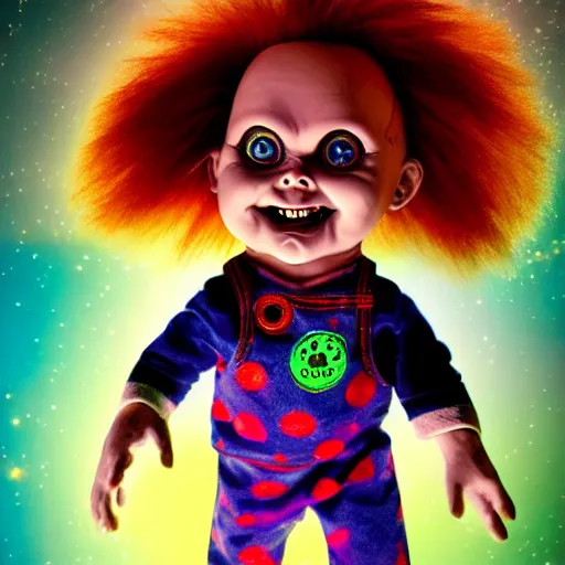 Image similar to Chucky the killer doll flying through the cosmos, psychedelic lighting