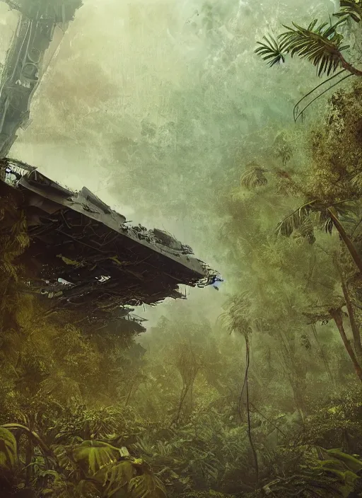 Image similar to decayed aircraft carrier USS Nimitz laying on the ground of a tropical forest, overgrown with vegetation, rust, hanging vines, post appocalyptic, by Luis Royo, by Greg Rutkowski, dark, gritty, intricate, cover illustration, concept art, volumetric lighting, volumetric atmosphere, sharp focus, octane render, trending on artstation, 8k