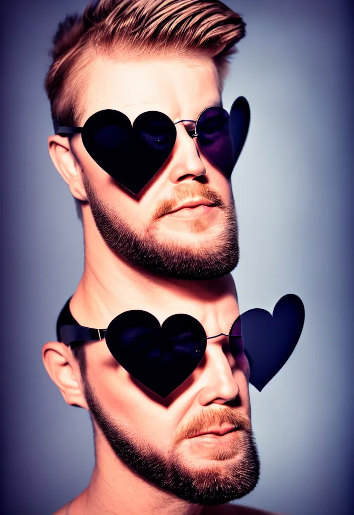 Prompt: handsome finnish ion - man wearing heart - shaped sunglasses, atomic halo background, very determined facial expression, super strong facial features, slight smirk, beard, studio portrait, studio lighting
